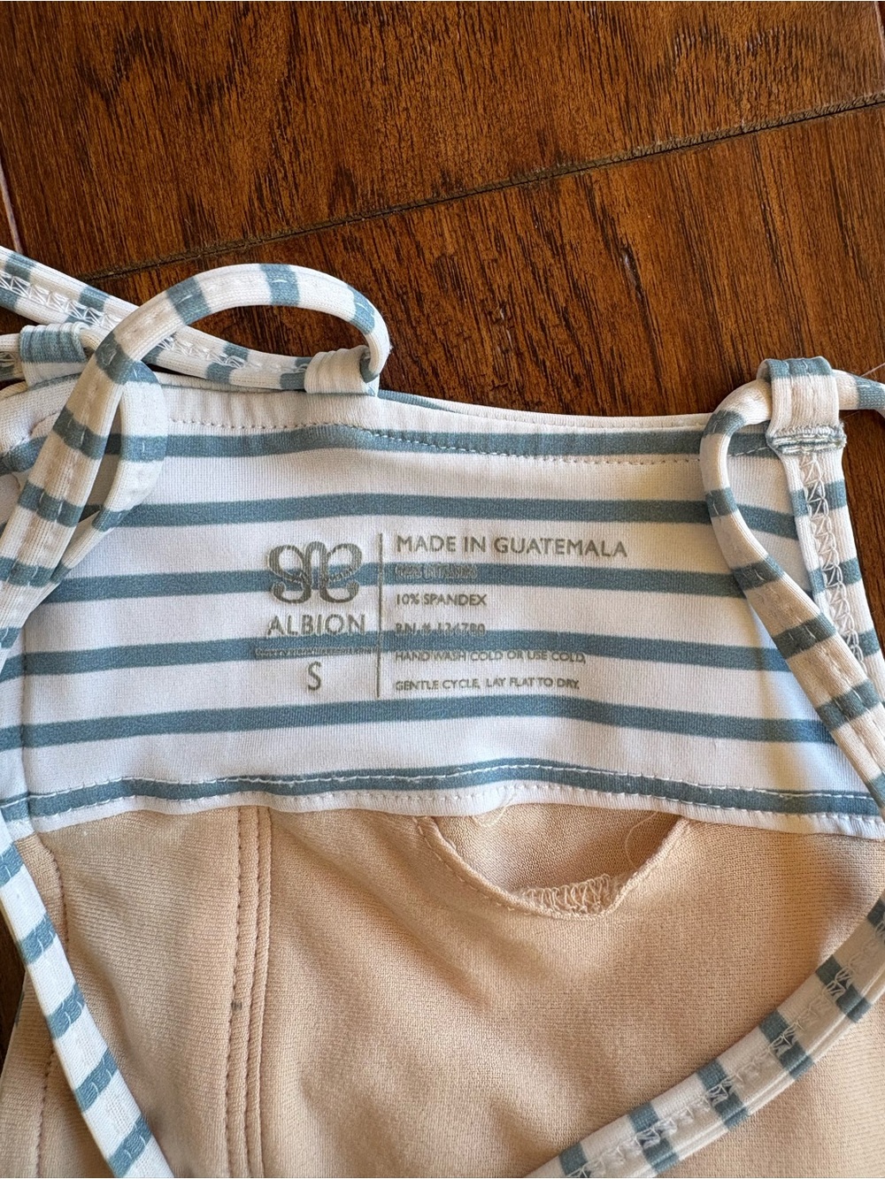 Albion Striped Switchback Swim Crop in White and Pale Blue - Picture 3 of 3